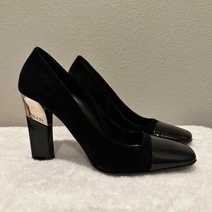 PRADA Logo Heel Black Suede & Patent Cap Toe Pumps Shoes Size 37